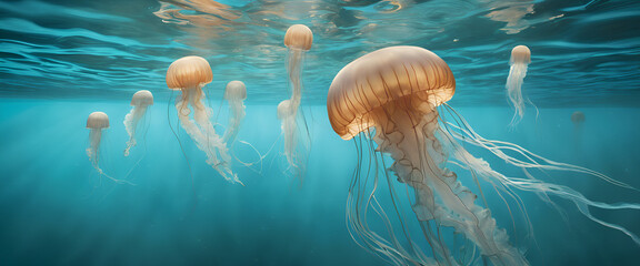 A serene underwater scene featuring a luminescent jellyfish gently drifting