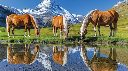  Three horses graze on grass near a water body, with snow-capped mountains in the background - Powered by Adobe