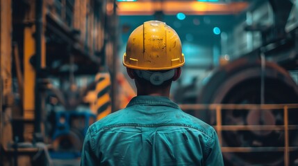Fototapeta premium Rear view of a male worker in a yellow safety helmet in factory background