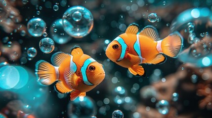   Two clownfish swim in an aquarium with water bubble on the surface