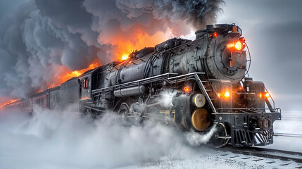   Train on track with smoke billowing from top and back