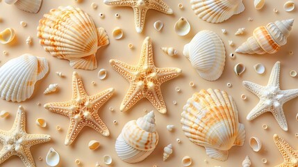 Fototapeta na wymiar A group of starfish and seashells on a beige background with water bubbles below