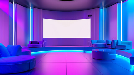 A futuristic talk show set with blue and purple LED lighting, minimalist furniture, and a blank...