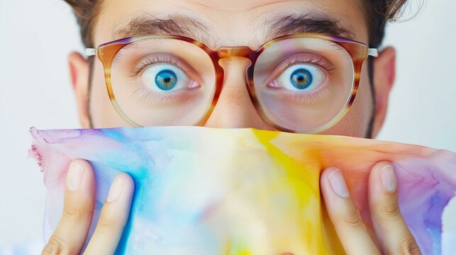 Man wearing glasses colorful handkerchief covering mouth