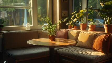 A sunlit breakfast nook with a round table, cushioned bench seating, and potted beautifull plants 