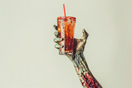 Scary halloween monster hand holding a cocktail drink