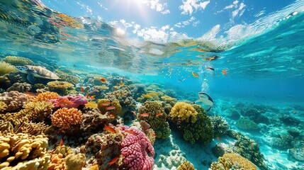  A vibrant undersea scene featuring a kaleidoscope of corals and darting fish