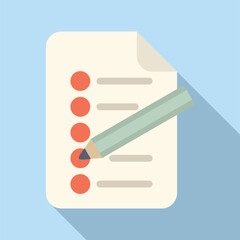 Minimalistic flat design of a checklist document with red marks and a green pencil on a blue background