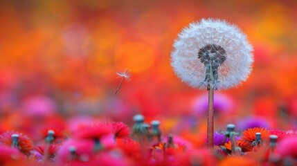   Close-up of a dandelion amidst red and pink blossoms with a hazy backdrop
