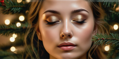 Gl&uuml;ckliche h&uuml;bsche junge frau mit weihnachtlichem 
 hintergrund