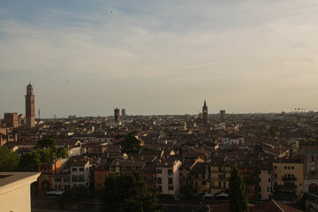 Sunset over the town in Verona, Veneto region, Italy. Beautiful view of the Italian city from...