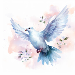 Obraz premium A white dove is flying in the sky with a flower in its beak