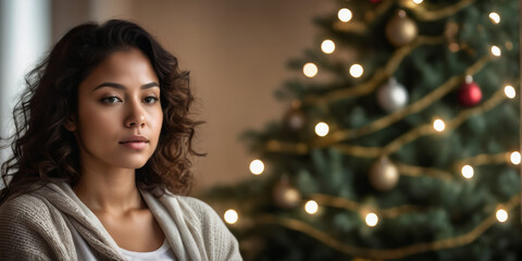 Fototapeta premium Glückliche hübsche junge frau mit weihnachtlichem hintergrund
