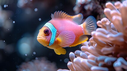   A macro shot of a fish among colorful corals in the backdrop with clear water in front
