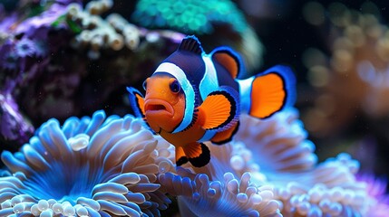 Fototapeta na wymiar An orange and black clownfish swim in an aquarium with blue and white sea anemones and corals in the background