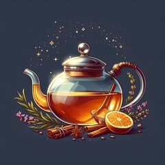 a picture of a teapot and a teapot with a picture of a teapot and a cup of tea. teapot with tea illu