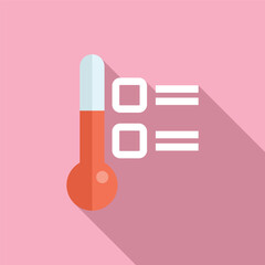 Flat design vector illustration of a red thermometer icon with shadow, indicating temperature on a pink background