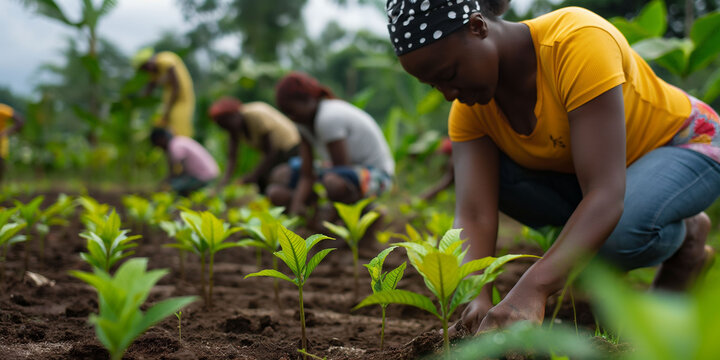 Close up a African American woman planting seedlings of trees for reforestation and afforestation purposes, themes of greenery and co2 reduction.
