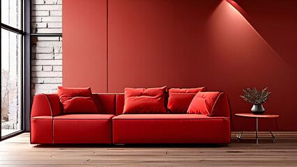 Red Modular Sofa with Copy Space in Modern Loft Interior Design