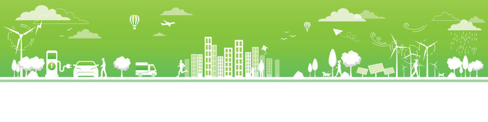 Eco Friendly and Sustainable Energy Concept Vector Banner. Green Energy Design Elements for Clean Environment, Technological Renewable development and Alternative Energy concept, Vector illustration
