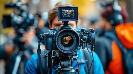 A filmmaker using professional camera equipment to record a bustling street scene.