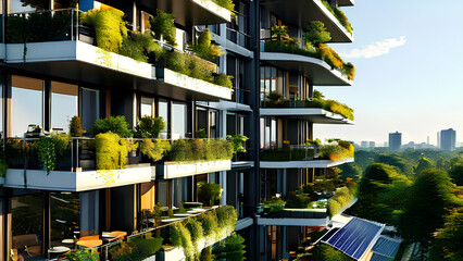 Apartment Building with Multiple Balconies and Solar Panels for Green Energy