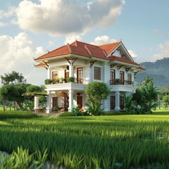 Fototapeta na wymiar Elegant ThreeStory House Amidst Lush Green Rice Fields Basking in Daylight