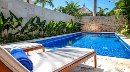 Luxury resort pool with loungers and tropical plants. Upscale hotel swimming area with sunbeds and exotic foliage. Concepts of travel, relaxation, luxury hospitality, vacation retreat