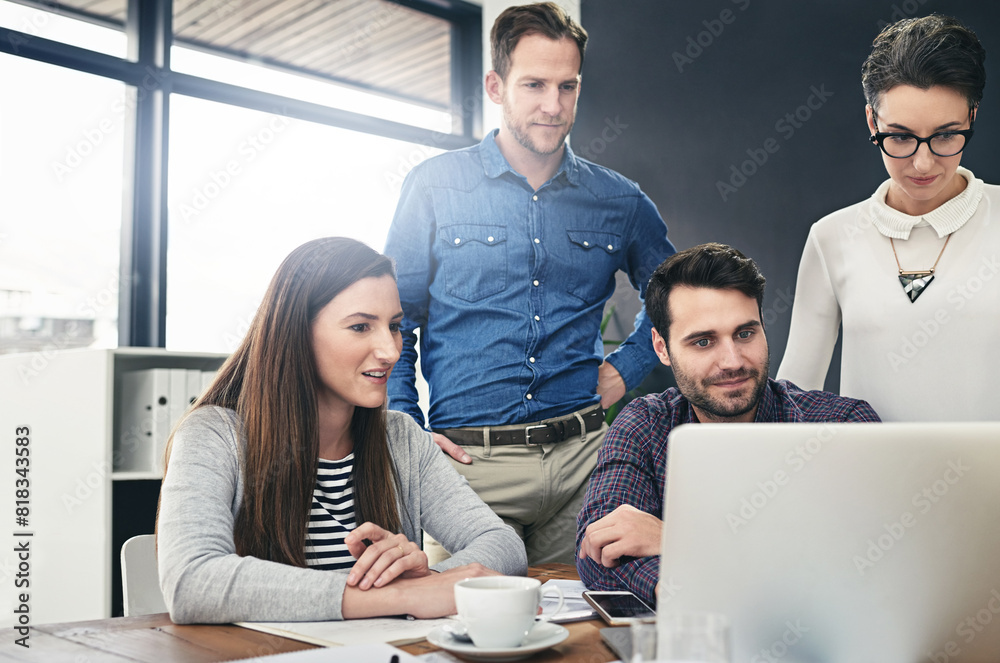 Poster laptop, meeting and small business with web designer people in office together for creative discussi