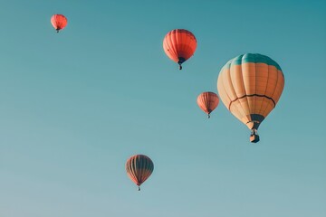 Obraz premium Hot air balloonss against clear sky. Summer travel and adventure concept. Design for banner, wallpaper, poster. Minimalistic composition