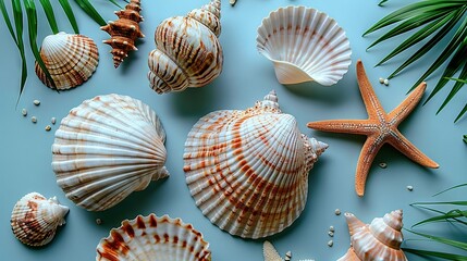  Group of seashells and starfish on blue background with palm fronds