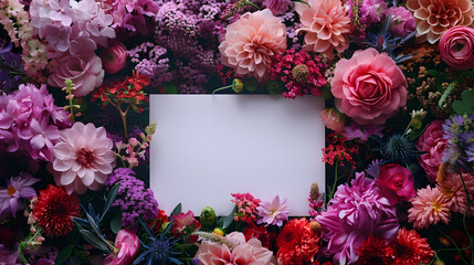 White card encircled by vibrant flowers in shades of pink, violet, and magenta