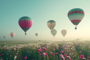 Fototapeta premium Hot air balloons over a misty field of flowers. Summer travel and adventure concept. Beautiful landscape. Design for banner, wallpaper, poster 