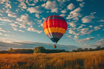Obraz premium Hot air balloon over a golden field at sunset. Summer travel and adventure concept. Agriculture industry. Design for banner, wallpaper, poster 