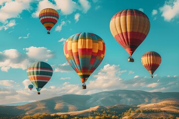 Obraz premium Hot air balloons over mountains. Summer travel and adventure concept. Beautiful landscape. Design for banner, wallpaper, poster. 