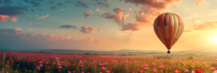 Hot air balloon over a field of flowers at sunset. Summer travel and adventure concept. Beautiful landscape. Design for banner, wallpaper, header with copy space