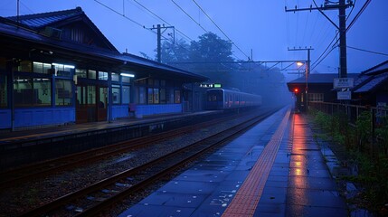 Fototapeta premium A rainy scene featuring a train station, a train on the tracks, and a red signal at the platform's end