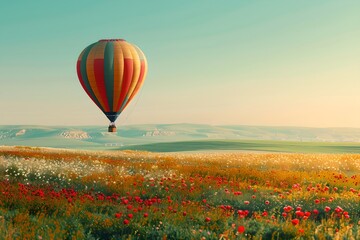 Fototapeta premium Hot air balloon over a field of flowers. Summer travel and adventure concept. Beautiful landscape. Design for banner, wallpaper, poster with copy space