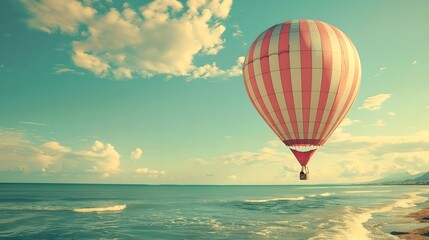 Fototapeta premium Hot air balloon over the ocean. Summer travel and adventure concept. Beautiful landscape. Design for banner, wallpaper, poster. 