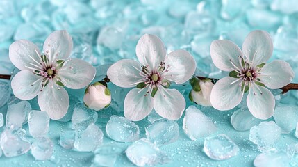   A cluster of snowy blossoms atop a stack of frozen water blocks on a azure backdrop