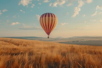 Obraz premium Hot air balloon over a golden wheat field at sunset. Summer travel and adventure concept. Agriculture industry. Design for banner, wallpaper, poster 