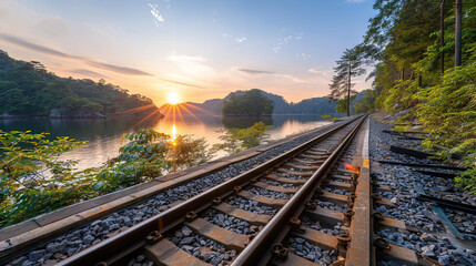   Train tracks parallel body of water, sun setting beyond