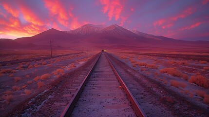   Train track amidst desert with mountain backdrop and vibrant sky hues - Powered by Adobe