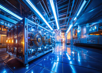 Fototapeta premium Super computadora de aspecto futurista en oficinas modernas. Concepto de alta tecnología. IA generativa