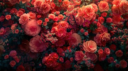   A row of vibrant red flowers adorns the wall's edge, framed by lush green foliage