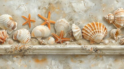   A group of seashells and starfish are resting on a ledge beside one another on a sandy beach