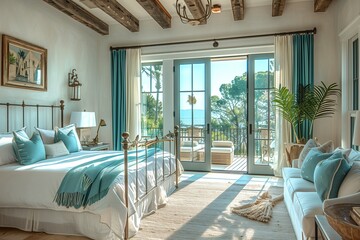 Serene Mediterranean bedroom oasis with a wrought-iron four-poster bed, crisp white linens, and azure blue accents that mirror the sea.