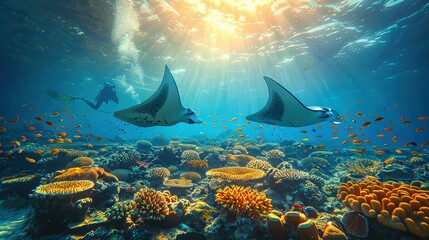   A pair of stingfish glide over a coral-dotted seafloor as sunlight filters through the water above