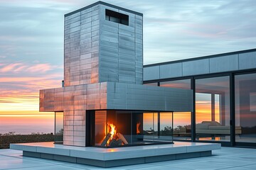 Fototapeta premium Sleek, modern chimney design featuring a minimalist, stainless steel exterior that reflects the sky and surroundings.