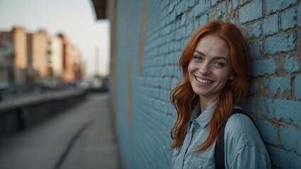 ragazza con capelli rossi e occhi azzurri sorridente appoggiata a un muro azzurro in scenario urbano sfuocato in luce morbida pomeridiana